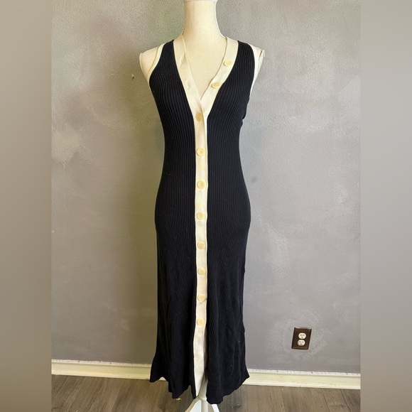 SANDRO Black White Ribbed Knit Beige Button Placket Gabriel Maxi Dress Size 34 - Picture 8 of 12